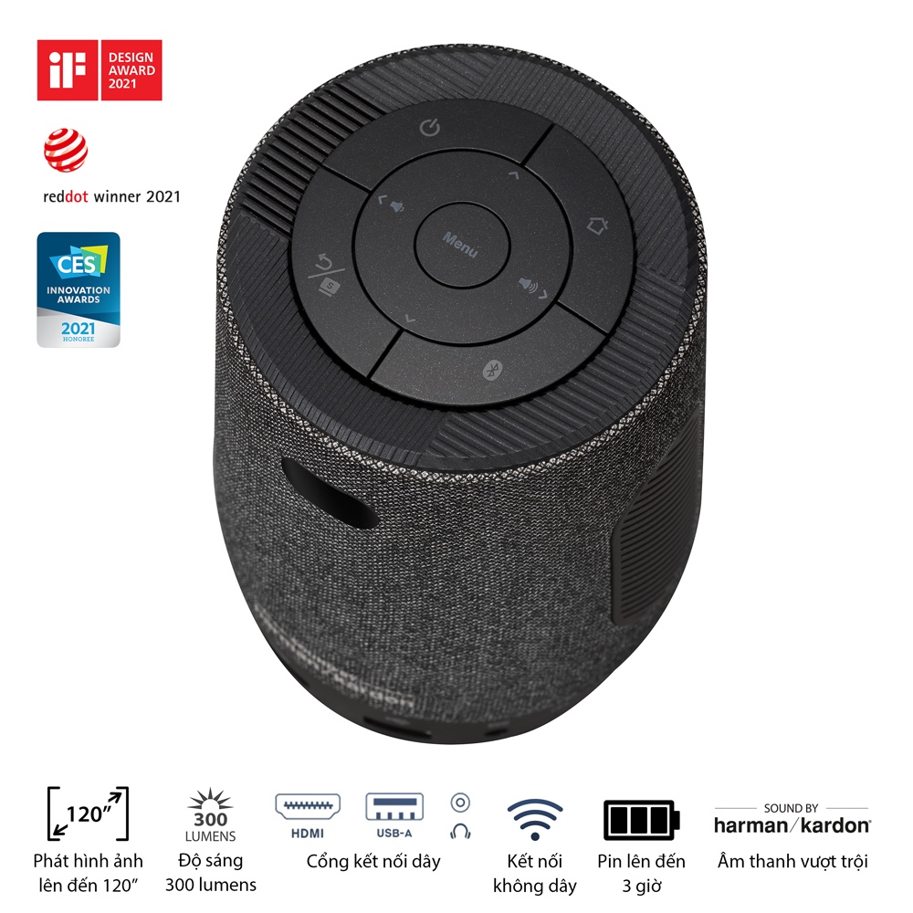 Máy chiếu LED di động ASUS ZenBeam Latte L1 - 300 Lumens, 720p, Công nghệ âm thanh từ Harman Kardon, Loa Bluetooth® 10 W, Phát video trong 3 giờ, Trình chiếu không dây, Pin tích hợp, USB Type-A, HDMI®