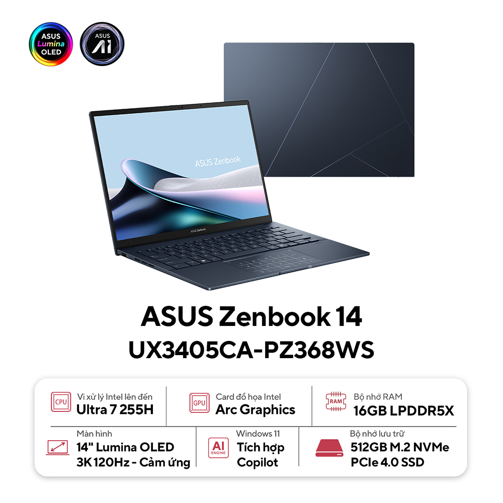 Laptop Asus Zenbook 14 UX3405CA-PZ368WS (Intel Core Ultra 7 255H | 16GB | 512GB | Intel Arc | 14 inch 3K OLED | Cảm ứng | Win 11 | Office)
