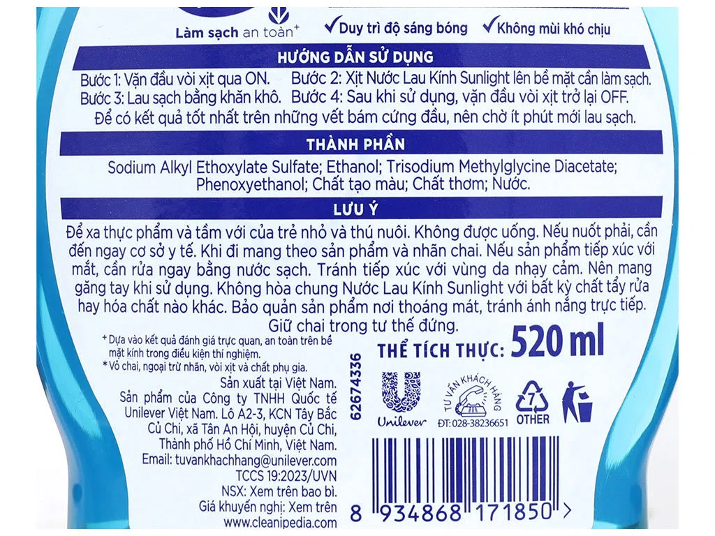 Nước lau kính siêu nhanh Sunlight chai 520ml