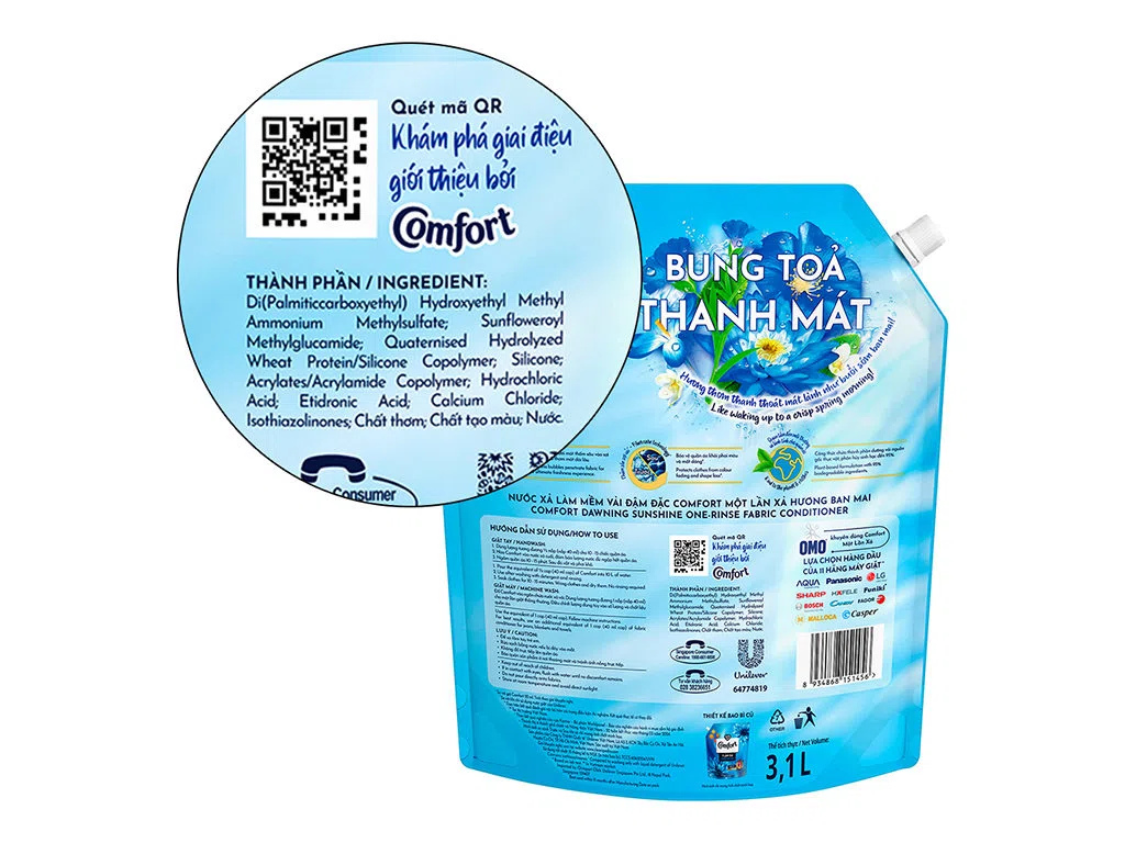 Nước xả vải Comfort đậm đặc một lần xả hương ban mai túi 3.1 lít