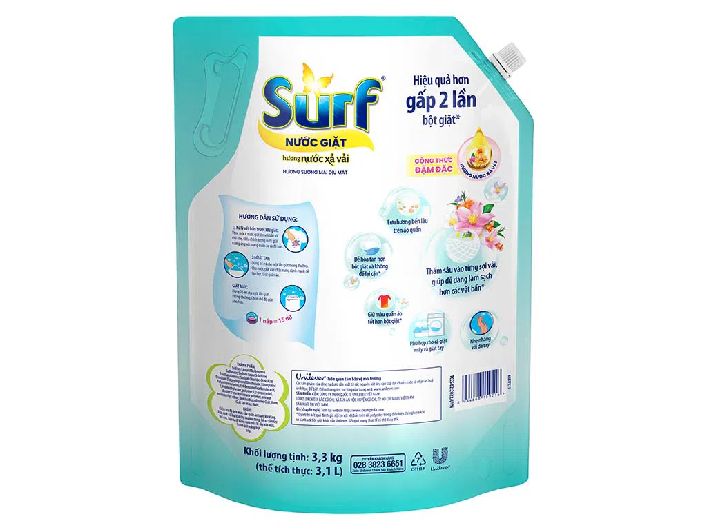 Nước giặt Surf đậm đặc hương sương mai dịu mát túi 3.3 kg