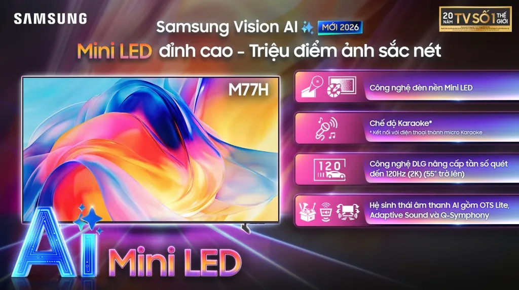 Smart Tivi MiniLED Samsung Vision AI 4K 65 inch UA65M77HAKXXV (Màu Đen)